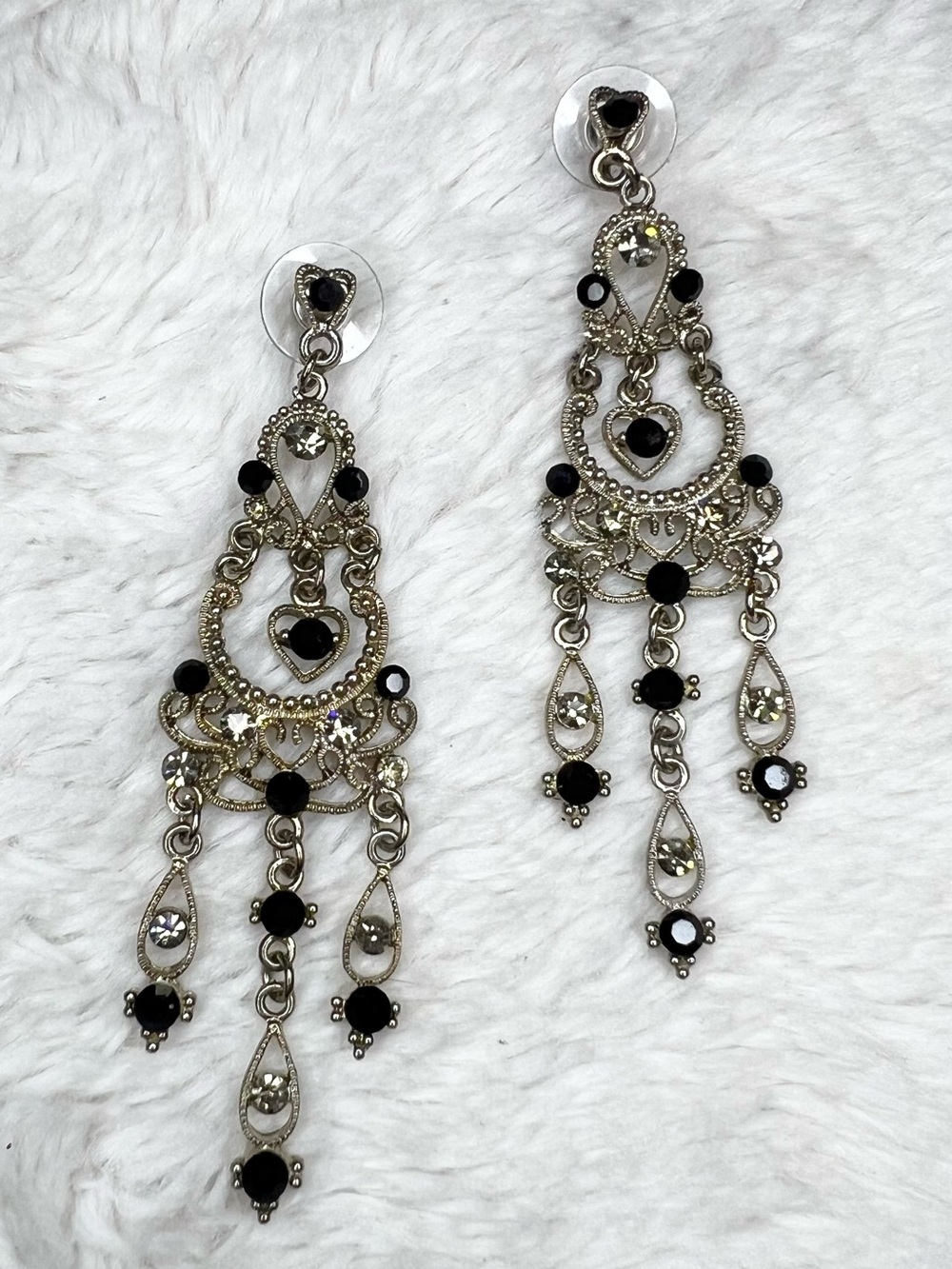 Vintage Silver & Black Chandelier Drop Earrings with Filigree Heart Details